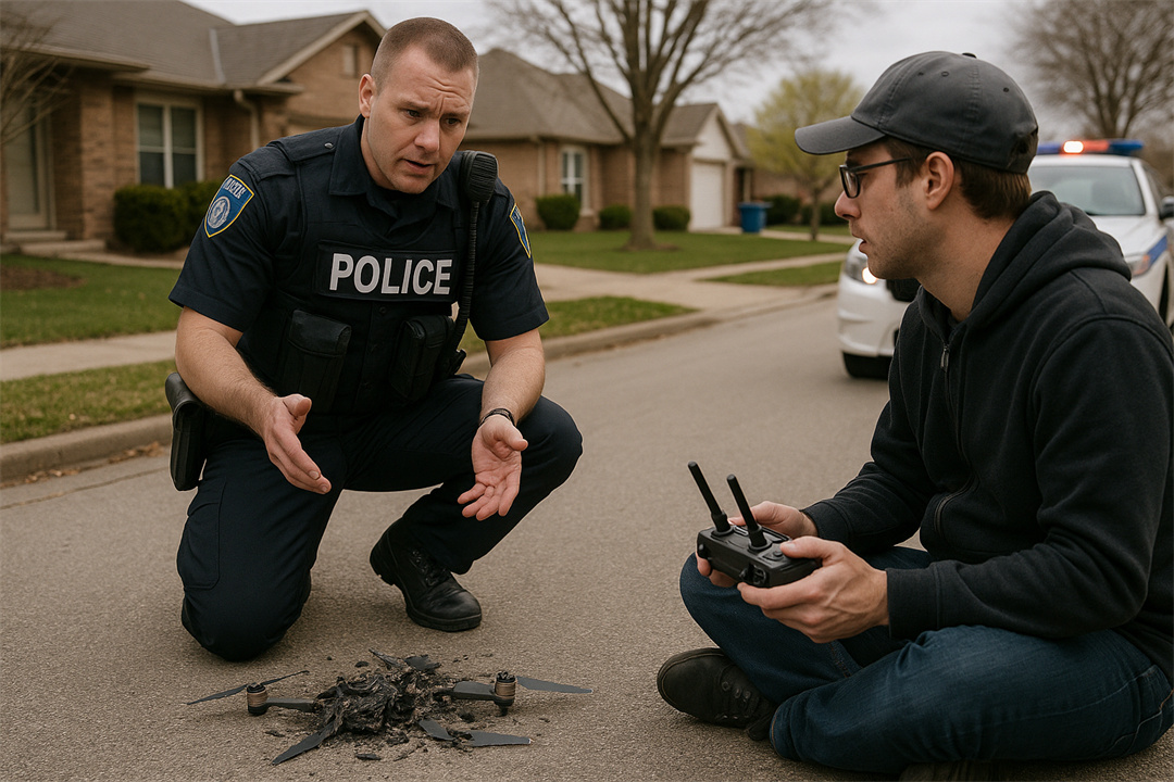 A policeman is checking a crashed drone