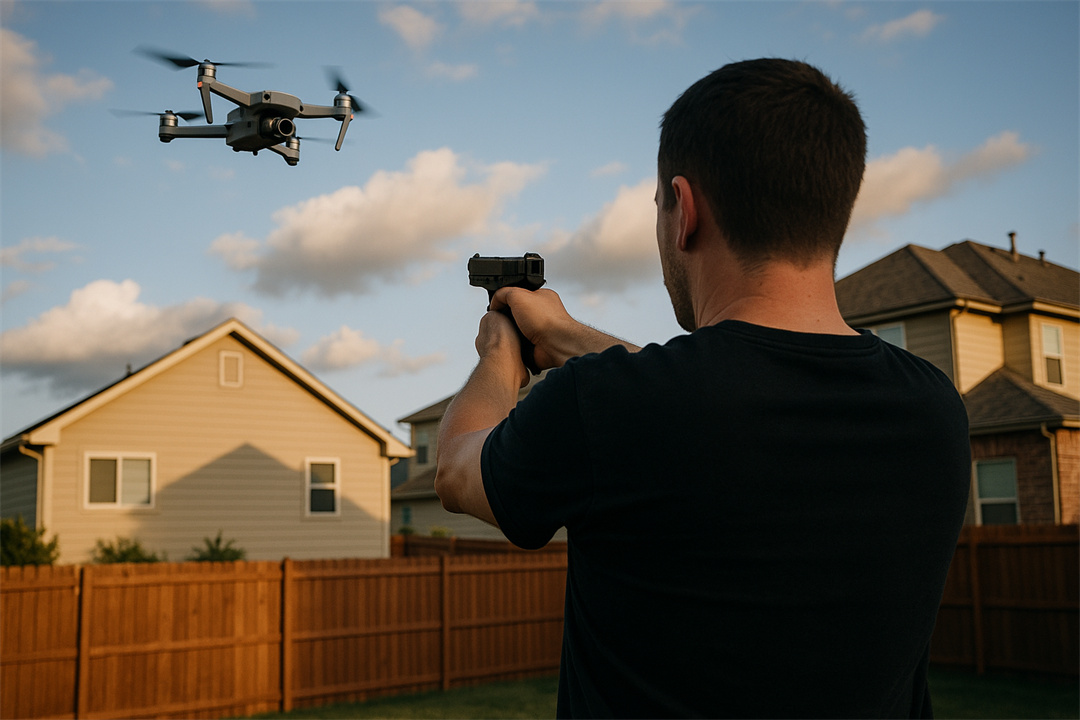 A man is shooting down a drone